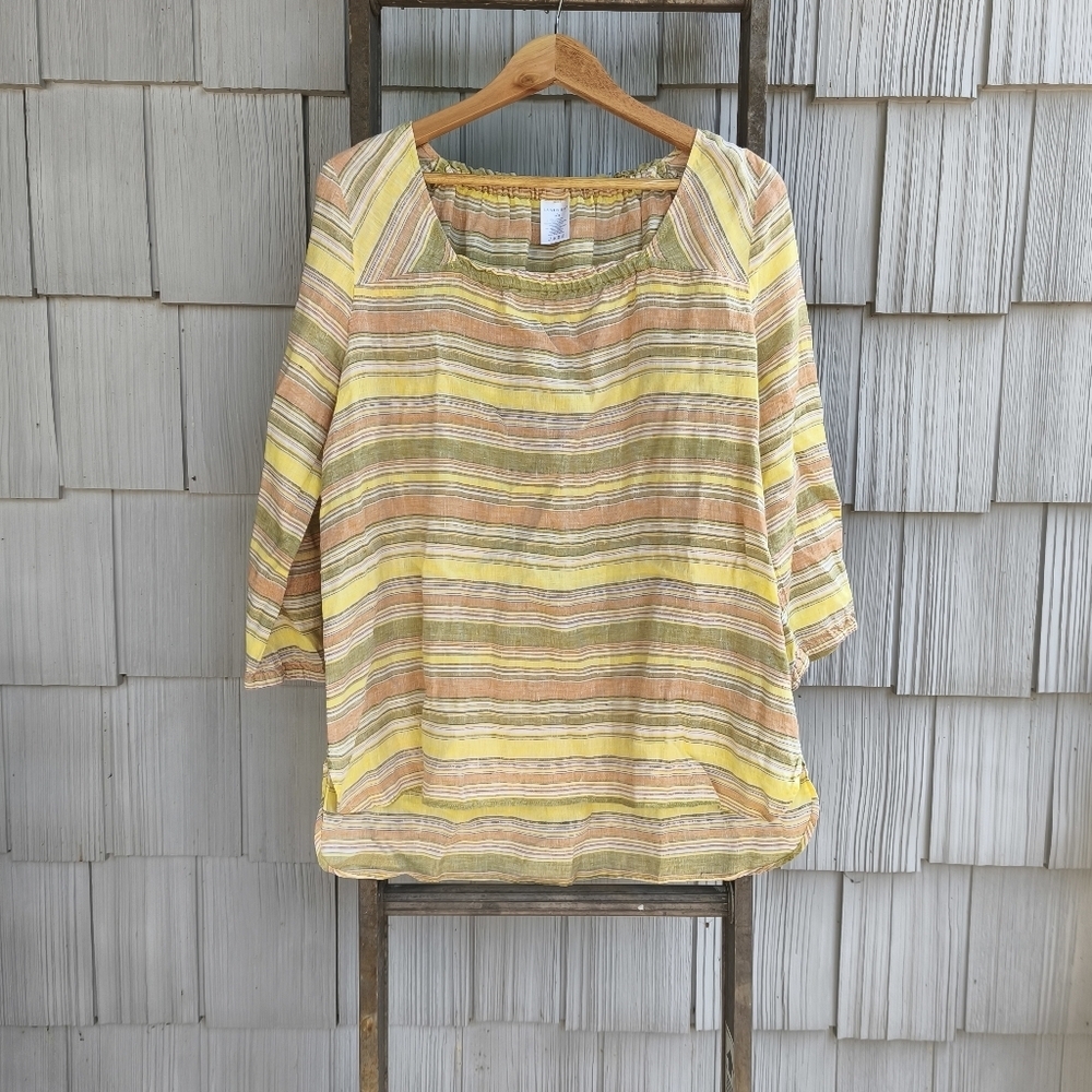Lands End 100% Linen Striped Square Neck Tunic sz L Gold Green Earthy Coastal